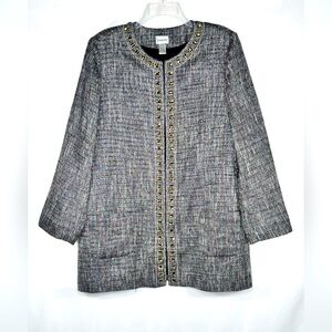 Chico’s Jeweled Neckline Tweed Blazer Pockets Tunic Length Classic Polished Sz 3
